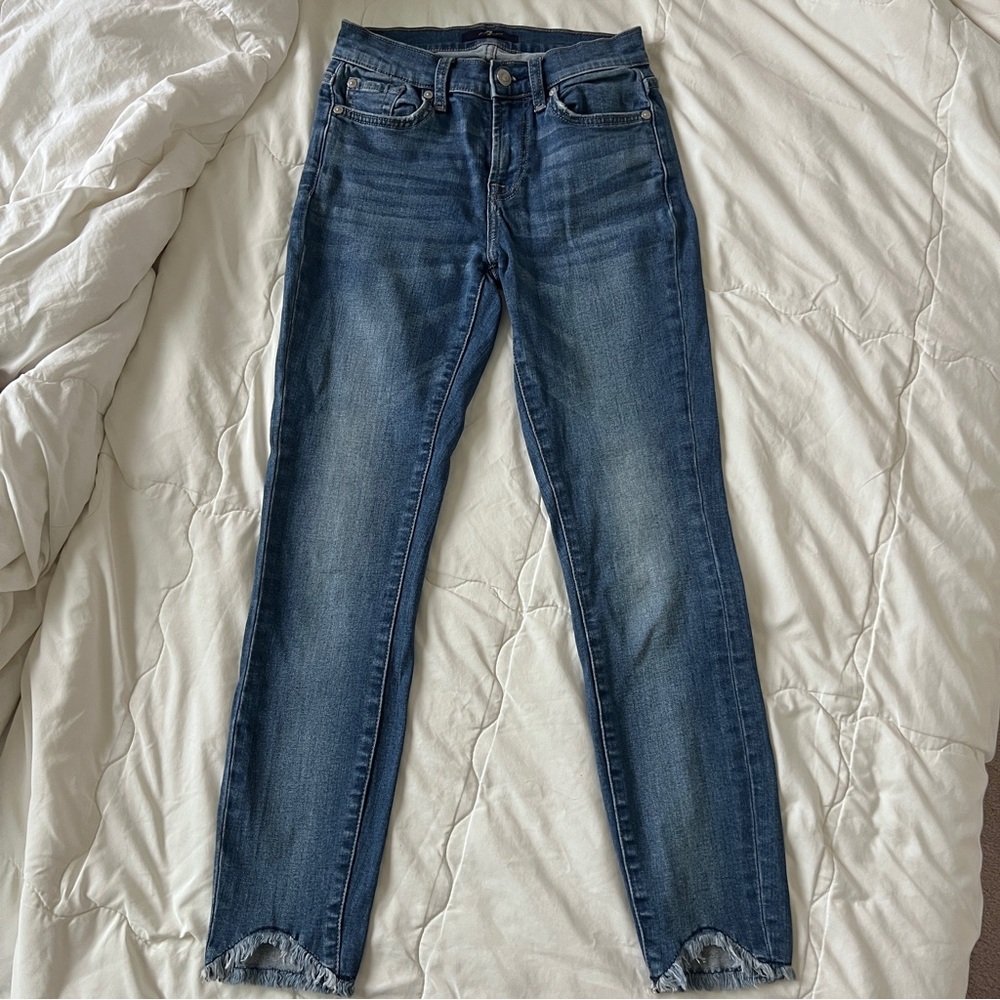 7 for all mankind mid-waisted skinny jeans with raw hem